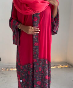 عباية حرير هندي لون وردي فسفوري مع طرحة سيفون